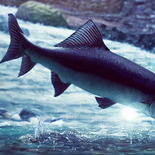 Image similar to movie still of a salmon jumping from a river, splash art, photorealistic features, cinematic lighting, dramatic, octane render, long lens, shallow depth of field, bokeh, anamorphic lens flare, hyper detailed, 3 5 mm film grain