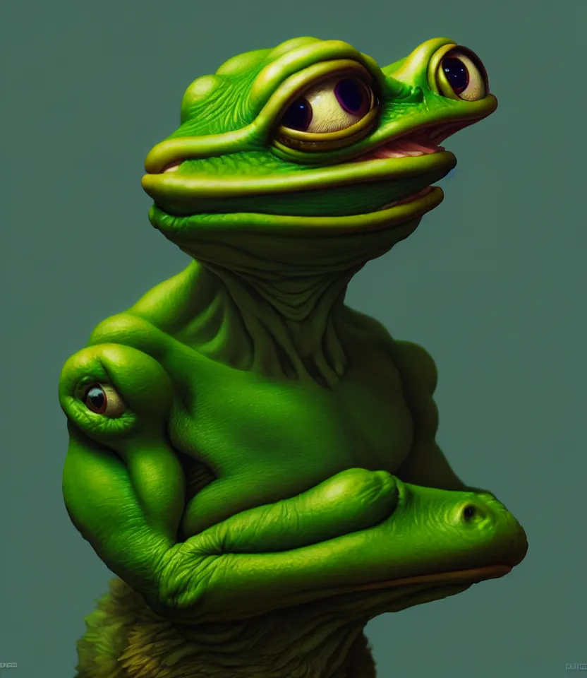 Image similar to pepe the frog, ultra realistic, dramatic lighting, authoritative pose, highly detailed by peter mohrbacher, hajime sorayama, wayne barlowe, boris vallejo, aaron horkey, gaston bussiere, craig mullins, octane render, cycles render, vray, iridescent