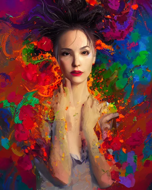 Prompt: portrait of Ewa Reis , colorful clothes, bright colors, silver filigrees, flowers, brushwork, Golden embers flying,vivid color.digital 2D, painterly style, cinematic matte Illustration,trending on pixiv and artstation.Fantastic depth-of-field effect in Bacnground,by Wlop,Mika Pikazo，Yoneyama Mai，Makoto Shinkai, VOFAN