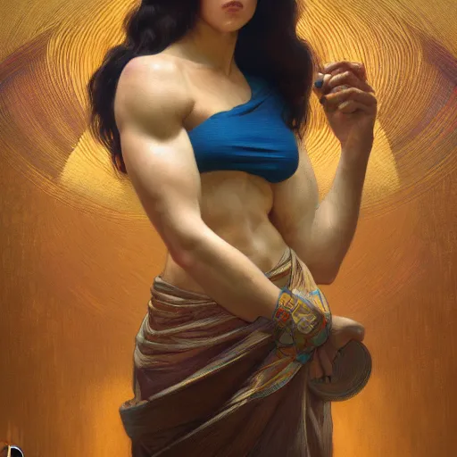 Prompt: modern woman | muscular | hyperrealistic | action pose | digital painting | trending on artstation | pinup portrait | clean | illustration | dressed | unreal engine 5 | 8 k resolution | by greg rutkowski alphonse mucha gustav klimt and mel ramos