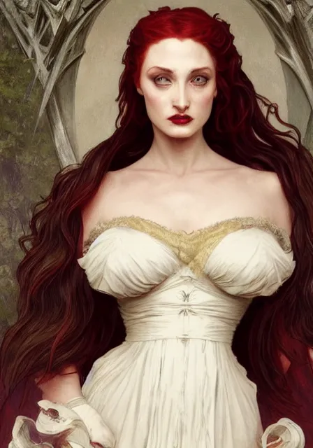 Image similar to sansa angeline jolie gessica chastain victorian vampire, intricate, elegant, highly detailed, digital painting, artstation, concept art, smooth, sharp focus, illustration, art by artgerm and greg rutkowski and alphonse mucha and william - adolphe bouguereau