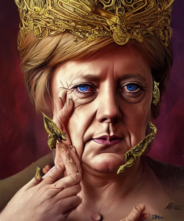 Image similar to angela merkel as a fantasy magic woman portrait, sci - fi, amber eyes, face, long hair, fantasy, intricate, elegant, highly detailed, digital painting, photo by reuters, artstation, concept art, sharp focus, art by artgerm and greg rutkowski and alphonse mucha