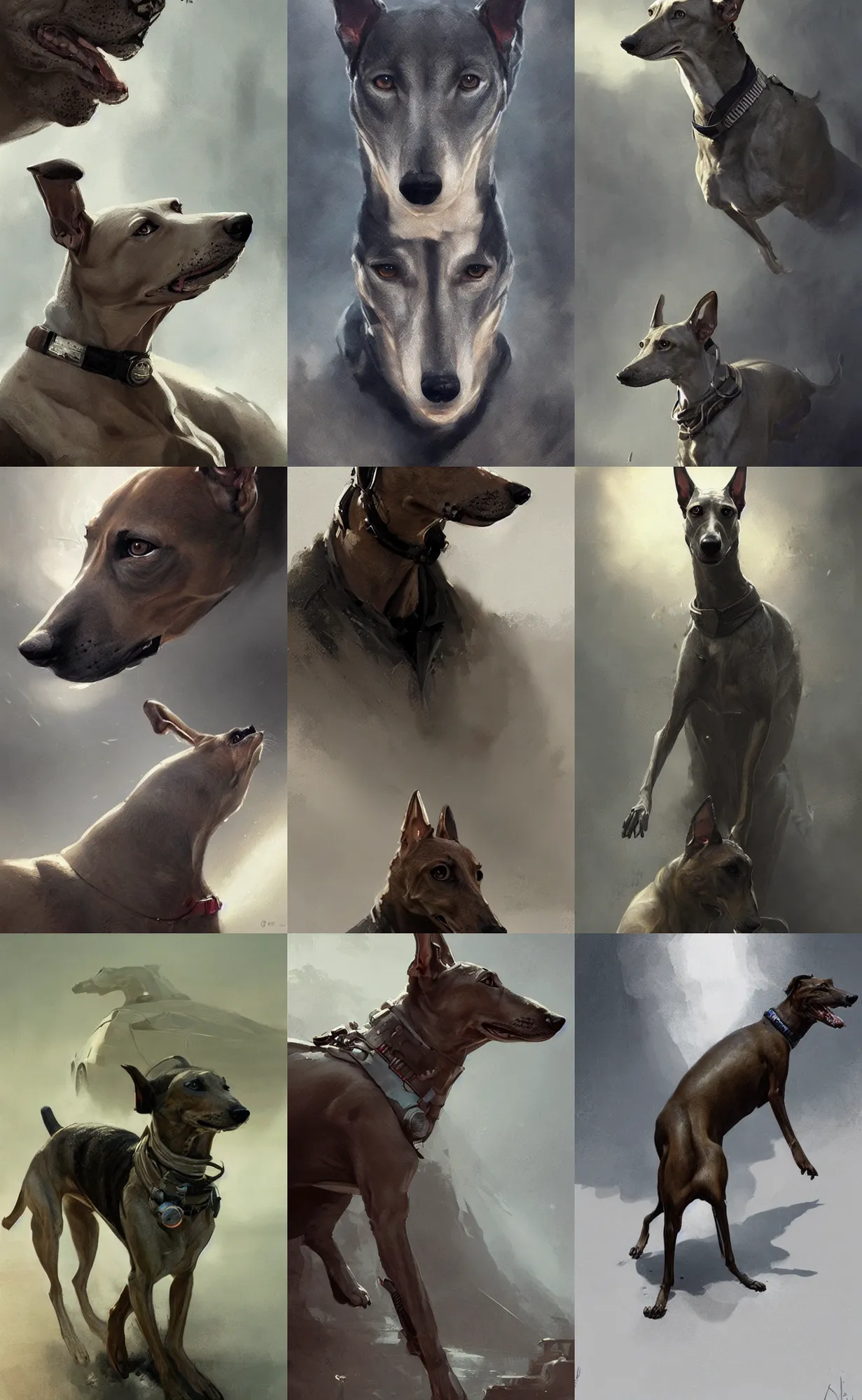 Prompt: a greyhound as 0 0 7, concept art, detailed face, fantasy, highly detailed, cinematic lighting, digital art painting by greg rutkowski