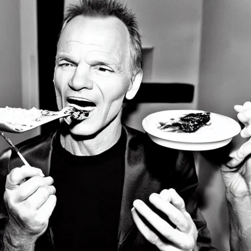 Image similar to sting the singer eating a banana creme brule ( dont ask )