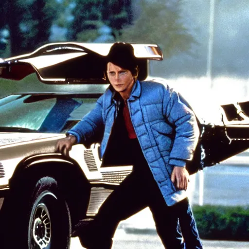 Prompt: film still of Christian Bale as Marty McFly in Back to the Future movie, 4k