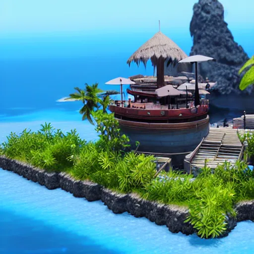 Image similar to a final fantasy styled restaurant, realistic, tropical, island, 8k, architecture ,Galdin Quay