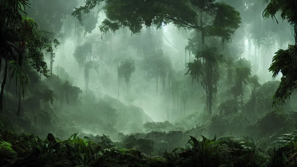 Prompt: deep jungle from another world, beautiful jungle landscape, dramatic lighting, heavy rain!!!, cinematic, establishing shot, extremly high detail, photorealistic, cinematic lighting, post processed, concept art, artstation, matte painting, style by greg rutkowsky