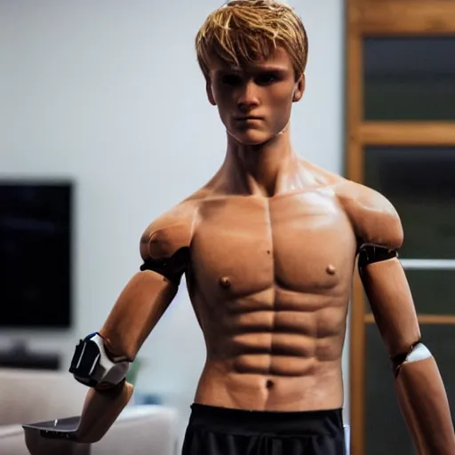 Image similar to a realistic detailed photo of a guy who is an attractive humanoid who is half robot and half humanoid, who is a male android, soccer player martin ødegaard, shiny skin, posing like a statue, blank stare, in a living room, on display, showing off his muscles