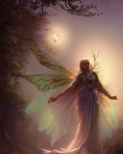 Image similar to a portrait of beautiful fairy goddness fly high in the night, d & d, fantasy, mist, full moon in background, trees, hyper detailed,, midium shot, an oil painting by ruan jia, trending on artstation, concept art, sharp focus, illustration, gaston bussiere, craig mullins, j. c. leyendecker, beautiful lighting