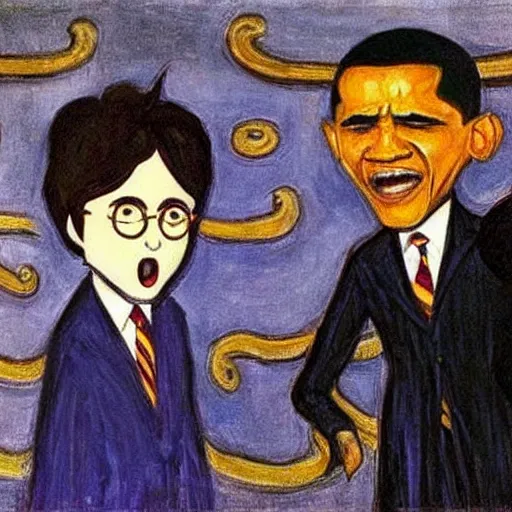 Image similar to obama and harry potter together shouting in unison on the scream edvard munch's painting, museum masterpiece, worth a lot