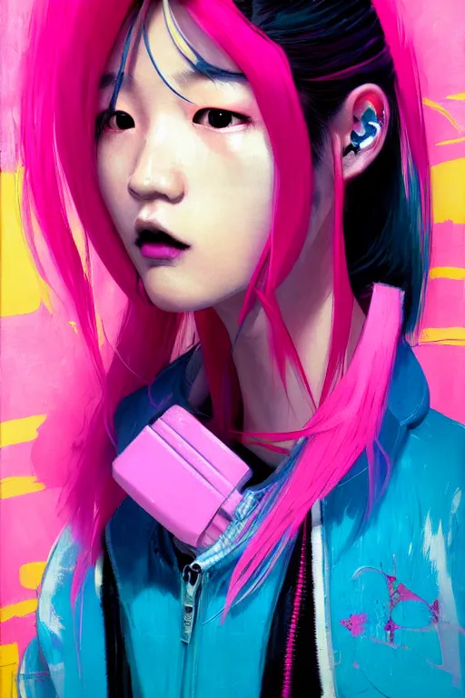 Prompt: portrait of a stylized japanese cyberpunk girl, wearing a bomber jacket, painted in acrylic, pigment textures, in the colors hot pink and cyan, beautiful realistic face, rule of thirds, spotlight, by greg rutkowski, by jeremy mann, by francoise nielly, by van gogh, by ross tran, in focus