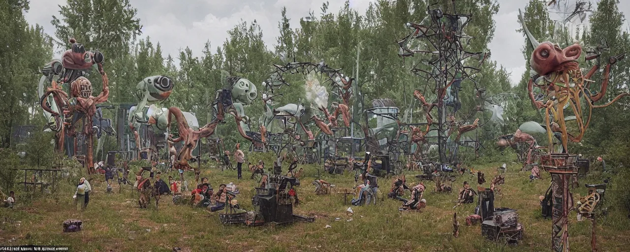 Image similar to a festival with aliens on stage and in the audience. the festival takes place in an old abandoned soviet city that is partially overgrown, in the style of simon stalenhag