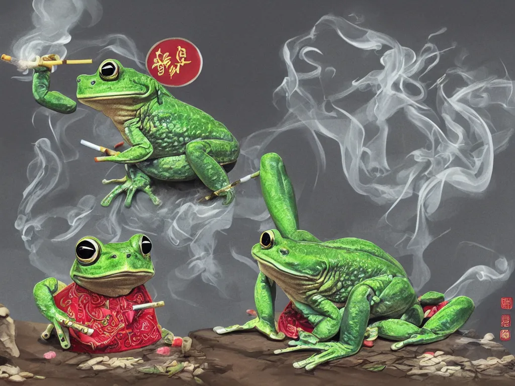 Image similar to a chinese frog in royal clothes bathing in a hot spring while smoking cigarette, digital painting, trending on artstation, deviantart, 8k, epic composition, intrinsic details, perfect coherence