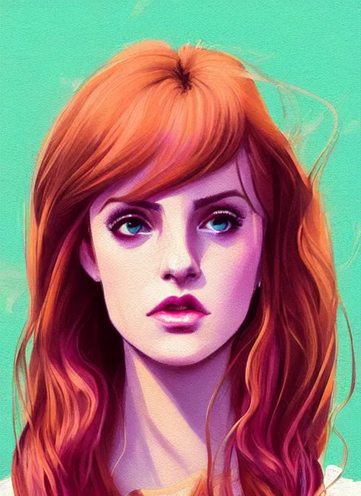 Image similar to full body portrait of teenage cheryl blossom, bangs, green eyes, sultry expression, red hair, sultry smirk, bangs and wavy hair, pink skirt, bangs, intricate, elegant, glowing lights, highly detailed, digital painting, artstation, concept art, smooth, sharp focus, illustration, art by wlop, mars ravelo and greg rutkowski