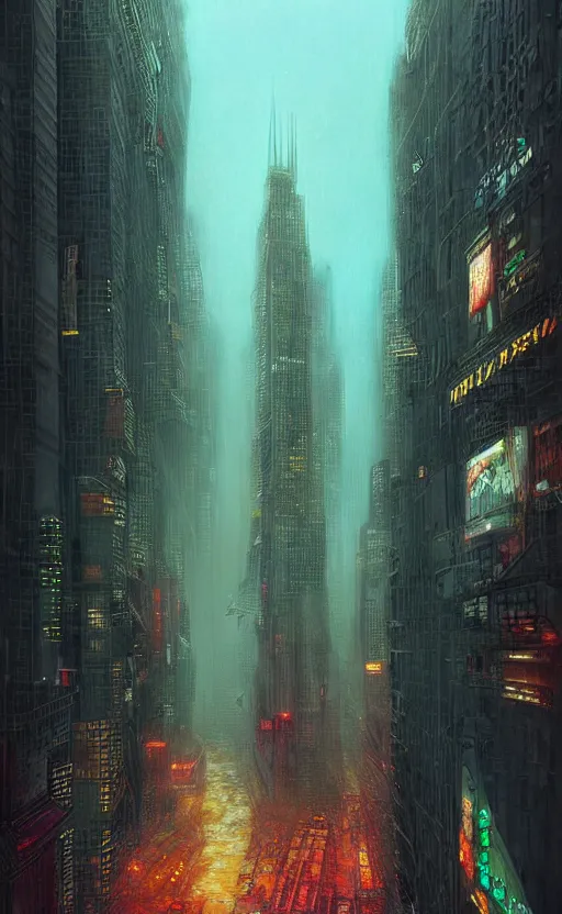 Prompt: an digital art of cyberpunk storm that destroys new york city in style of zdislaw beksinski