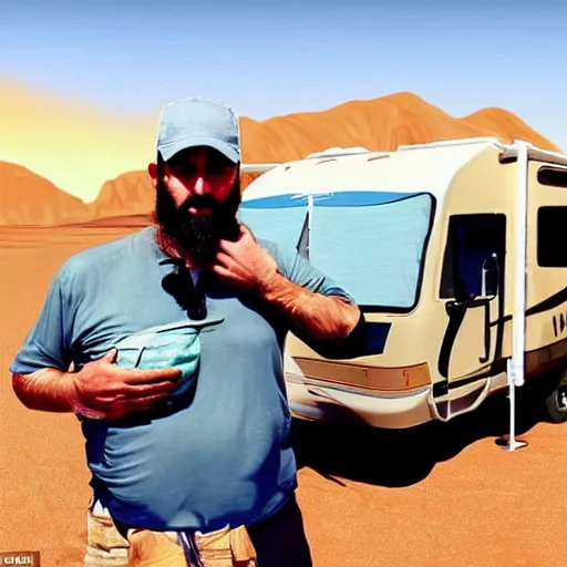 Prompt: argentinian trapper Duki holding a ziplock bag with baby blue meth, desert background, next to an rv, by stephen bliss, gta loading screen