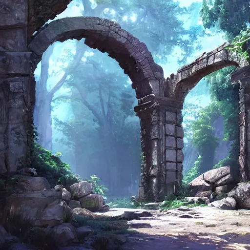 Image similar to concept art painting of an ancient ornate stone archway that is a portal to another world, in the woods, realistic, detailed, cel shaded, in the style of makoto shinkai and greg rutkowski and james gurney