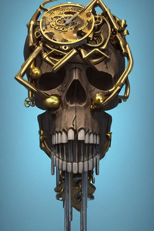 Prompt: conceptart 3 d render skull, the skull is decorated with art deco and steam punk gears details inside, hyperrealistic, volumetric lighting, ultra detailed, elegant, octane render, blue and gold, 8 k, trending on artstation, unreal engine