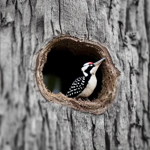 Prompt: 5 5 mm macro photo of a woodpecker inside a house in an oak tree, looking through the window. dof. bokeh. by jari peltomaki. highly detailed 8 k. intricate. lifelike. soft light. cinematic processing