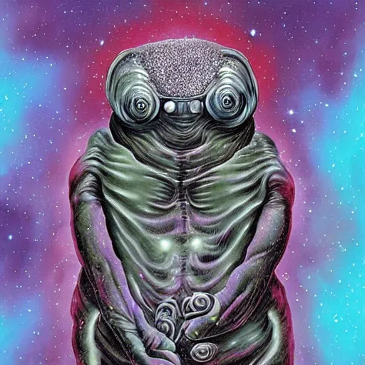 Image similar to the alien cosmic transcendent tardigrade that awaits you at the end of all of space and time, inspired by dan hillier