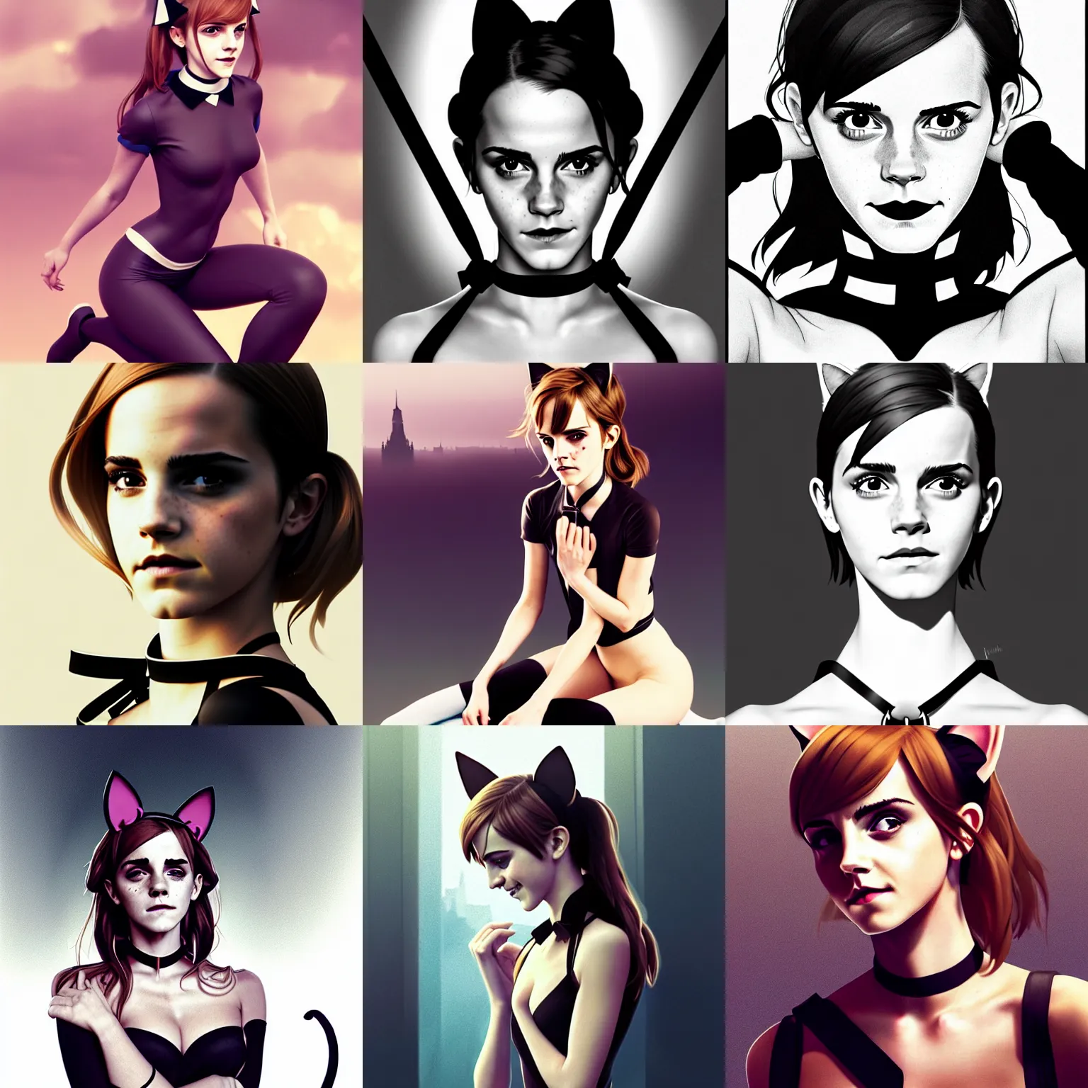 Prompt: attractive Emma Watson as cat girl wearing collar , kneeling!! , cat ears , collar , hourglass slim figure , close up , view from above , seductive smile , kneeling and looking up , details, sharp focus , illustration , by Jordan Grimmer and greg rutkowski , photo by robert mapplethorpe , Trending artstation , pixiv , digital Art