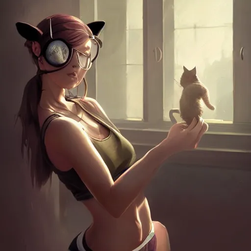 Image similar to cute woman wearing tank top and cat ears plays on computer, digital art, photorealistoc, art by greg rutkowski, hyperdetailed, western comic style, comic, comic style, sharp lineart, professional lighting, deviantart, artstation, trevor henderson, rossdtaws, cinematic, dramatic