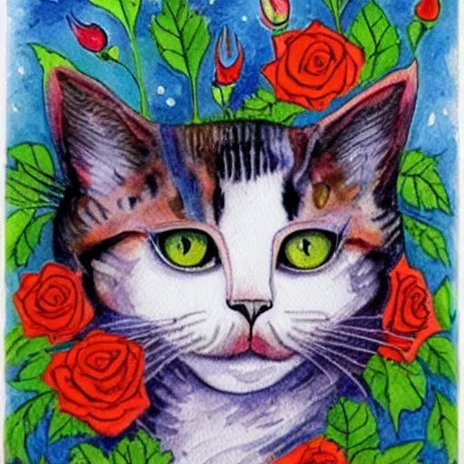 Prompt: a cat's face composed of a rose bush with flowers for eyes, watercolor by Louis William Wain,