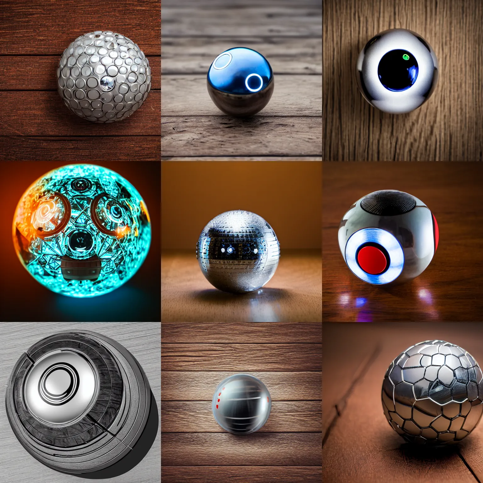 Prompt: a studio photograph of a futuristic high - tech intricate engraved chrome poke ball with leds laying on wood grain, xf iq 4, 1 5 0 mp, 5 0 mm, f 1. 4, iso 2 0 0, 1 / 1 6 0 s, natural light, adobe lightroom, photolab, affinity photo, photodirector 3 6 5