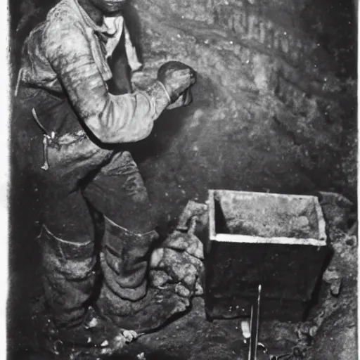 Prompt: a historical black and white portrait of a Gremlin working in the mines