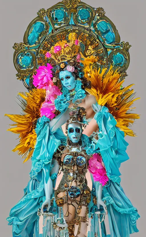 Prompt: a young beautiful latina ceramic and pink iron-plated android with a large glowing blue crystal in the center of her chest, full-body bronze cyberpunk style statue of Venus with glowing yellow laser eyes, crown of mechanical chrysanthemums, flowing aqua silk, fabric, steampunk flowers. baroque elements, human skull. full-length view. baroque element. intricate artwork by caravaggio. many flying horses on background. Trending on artstation, octane render, cinematic lighting from the right, hyper realism, octane render, 8k, depth of field, 3D