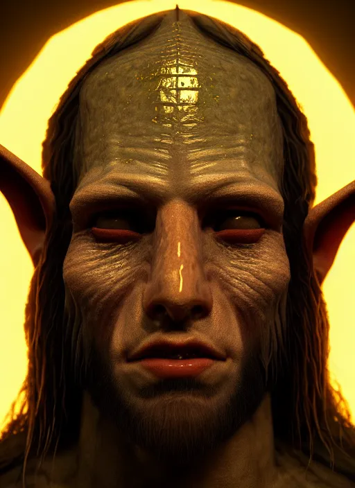 Image similar to portrait of goblin Jesus Christ, perfect facial symmetry + dim volumetric lighting, 8k octane beautifully detailed render, post-processing, extremely hyperdetailed, intricate, epic composition, grim yet sparkling atmosphere, cinematic lighting + masterpiece, trending on artstation