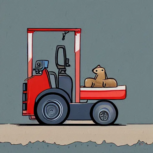 Prompt: a capybara driving a forklift over a cliff, digital art