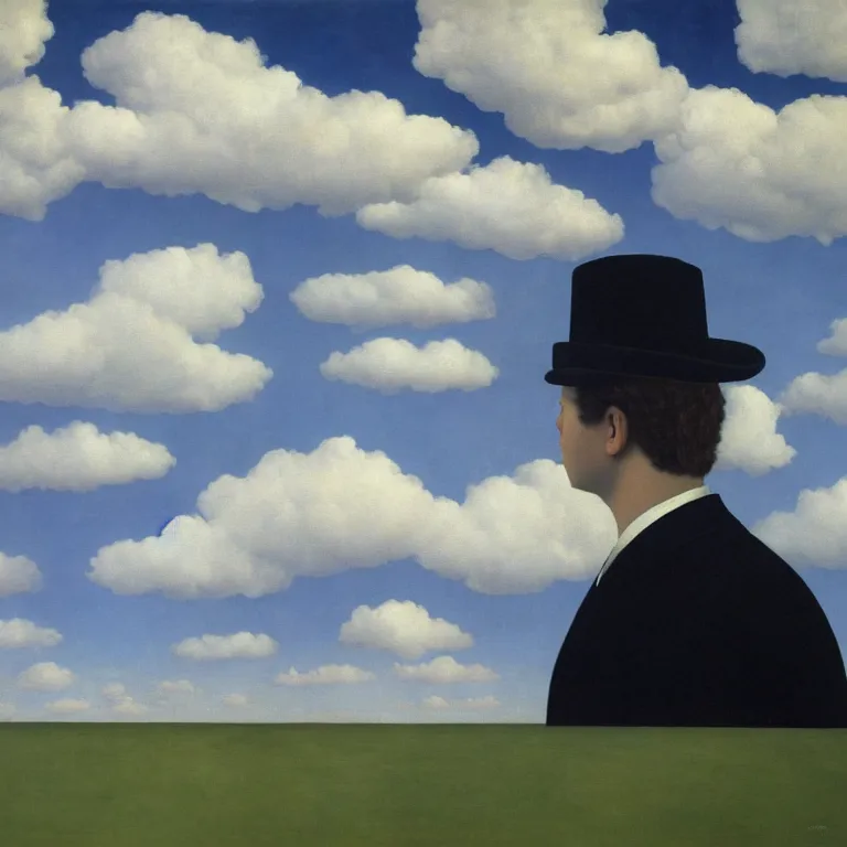 Prompt: portrait of a ghost, clouds in the background, by rene magritte, detailed painting, distance, middle centered, hd, hq, high resolution, high detail, 4 k, 8 k