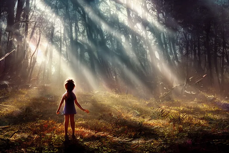 Image similar to the great beyond, sci - fi scene future new york, little girl holding a hand of a big robot, forest punk, crepuscular rays, epic scene, hyper realistic, photo realistic, overgrowth, cinematic atmosphere, ethereal lighting