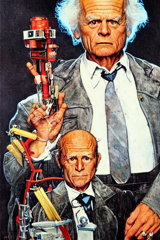 Image similar to dr emmet brown from back to the future painted by norman rockwell