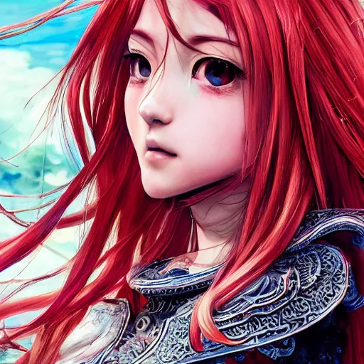 Prompt: a long - red - haired female knight as an absurdly beautiful, elegant, young sensual anime girl, river in background, ultrafine hyperrealistic detailed face illustration by kim jung gi, irakli nadar, intricate linework, sharp focus, bright colors, matte, final fantasy, unreal engine highly rendered, global illumination, radiant light, intricate environment