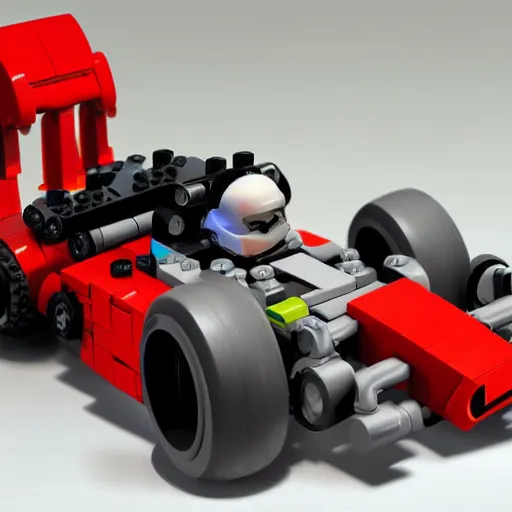 Image similar to a bionicle driving a lego ferrari f1, photo realistic, very detailed, lighting, 8k