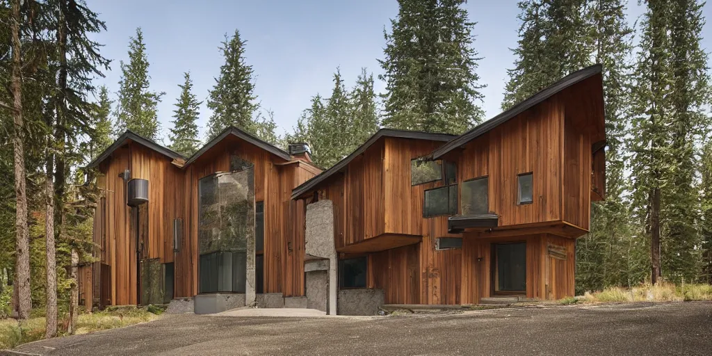 Image similar to large lodge type residence, washington state, cedar and concrete, many windows, triangular elements