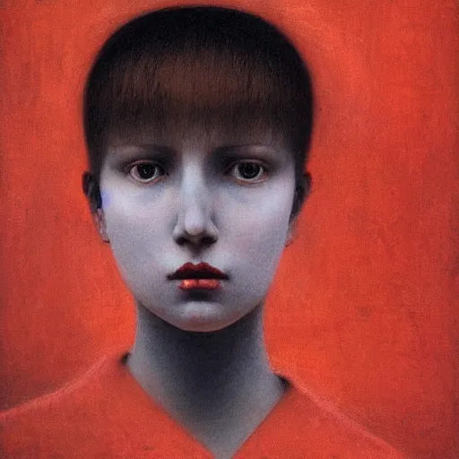 Prompt: portrait of pale white young teen girl in old red dress with black dark short hairs by Beksinski