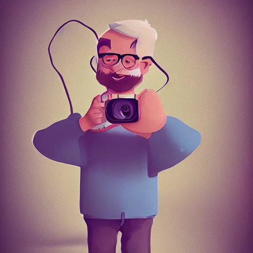 Image similar to cute cartoon character, curled perspective, digital art, baby girl, smiling beard grandpa taking photo, old photo camera, anton fadeev