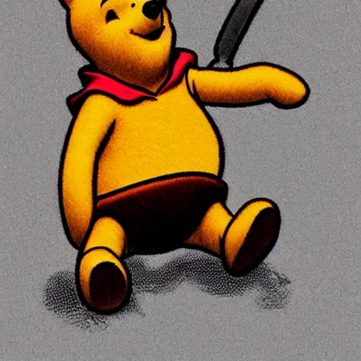 Prompt: winnie the pooh holding a bloody knife, in the style of winnie the pooh cartoon