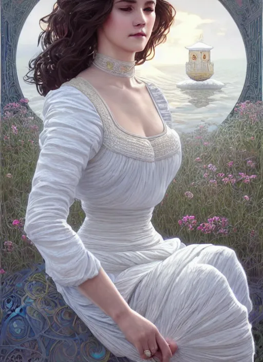 Prompt: full body painting of a woman posing, short wavy hair, round face, intricate white dress, cottagecore!!, inside water, intricate, enlightened, highly detailed, digital painting, artstation, concept art, smooth, sharp focus, illustration, art by artgerm and greg rutkowski and alphonse mucha