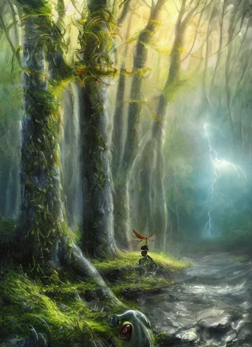 Prompt: crazy wasp, cinematic lighting, magical forest, thunderstorm, flood, rivers of paint, fantasy landscape, thought provoking, award winning, artstation, exquisite, art by alison watt, altichiero, americo makk, arthur hughes