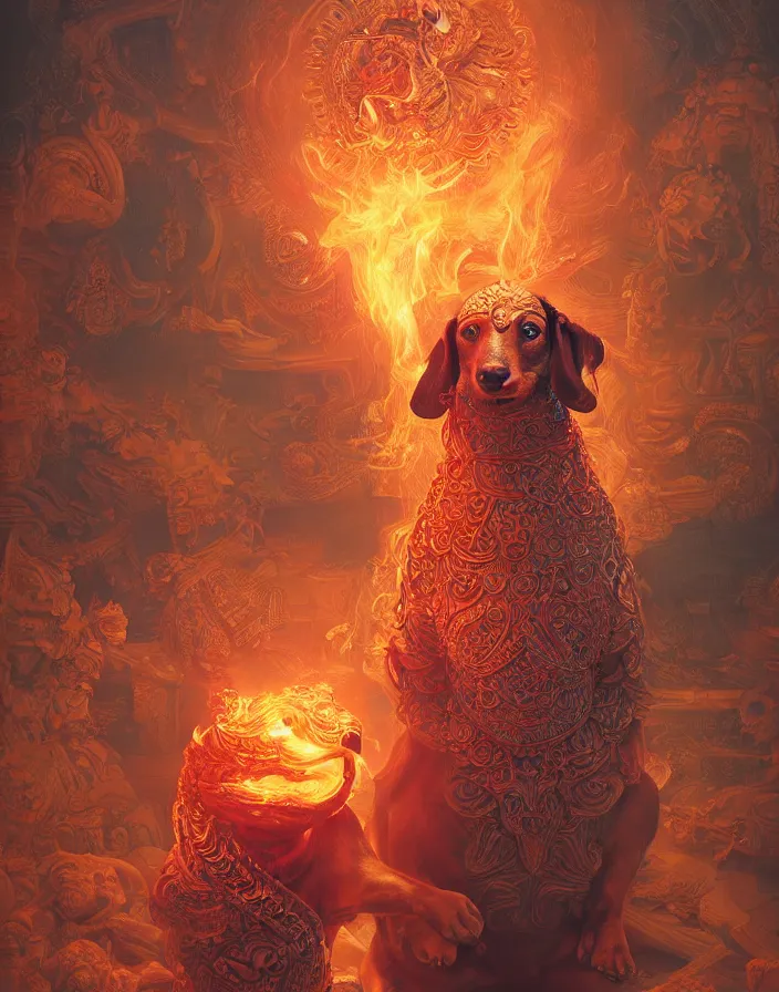 Prompt: Hindu god dachshund, burning halo, intricate artwork by Tooth Wu and wlop and beeple, greg rutkowski, hyperrealism, high detail, vibrant colors, radiant divine being, high contrast, depth of field