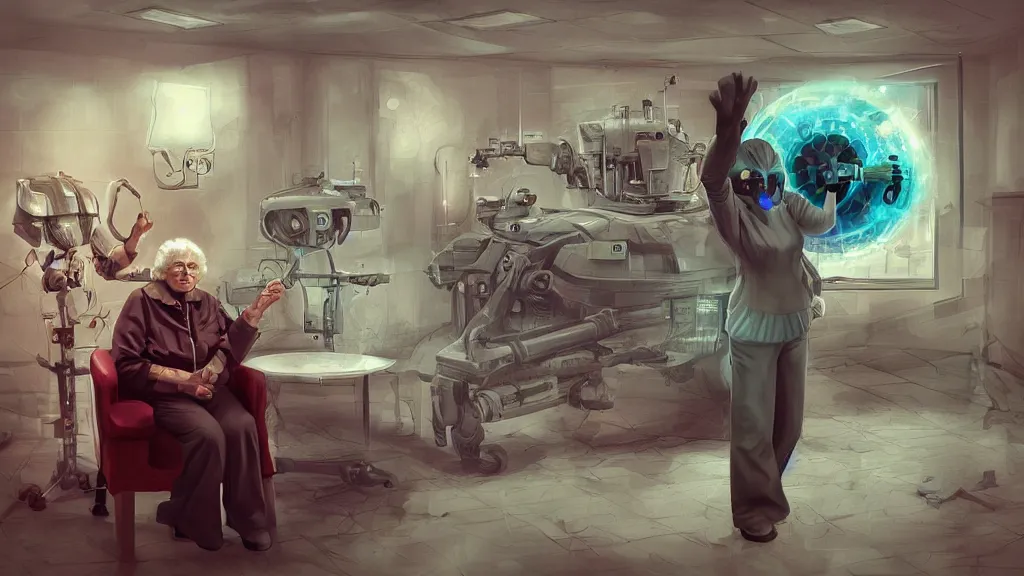 Image similar to my grandma in a nursing home located near a futuristic tank battle, old lady, cybernetic, lasers, dark future, hellscape, digital art, fear, creepy, jeff the killer, trending on artstationhq