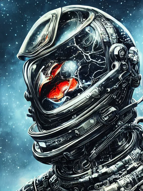 Image similar to portrait art of 8k ultra realistic astronaut, side profile, helmet visor smashed, deep space , detailed intricate ornate armour,eldritch horror,blade runner, cybernetic, full of colour, cinematic lighting, trending on artstation, 4k, hyperrealistic, focused, extreme details,unreal engine 5, cinematic, masterpiece, art by ayami kojima, giger