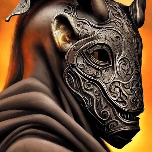 Image similar to Very very very very highly detailed epic photo of face with rhinoceros venetian mask, intricate, dystopian, sci-fi, extremely detailed, digital painting, artstation, concept art, smooth, sharp focus, illustration, intimidating lighting, incredible art by Artgerm and Vincent di Fate