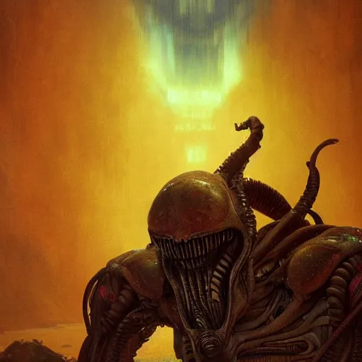 Prompt: xenomorph, dramatic lighting, spacestation background, artstation, high detail, by greg rutkowski, by beksinski