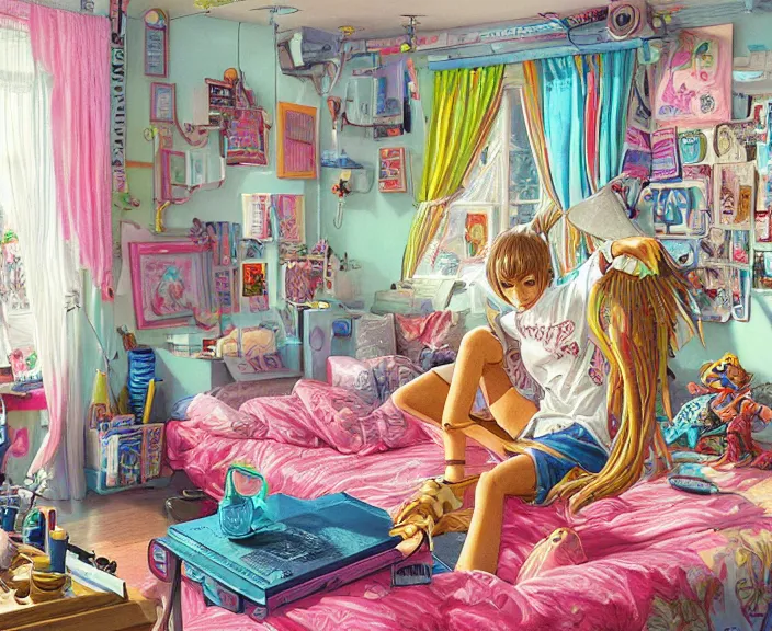 Prompt: highly detailed colorful illustration of a teenager in her room in the 9 0's, very detailed, unreal engine, octane render, 4 k, clean shaped illustration by kim jung gi, ron english and eiichiro oda