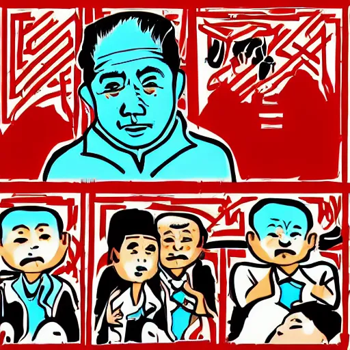 Image similar to uyghur Uighur family in a prison, organ harvesting, in the style of daniel johnston and outsider art, 4k, line brush, minimal, overlaid with chinese adverts